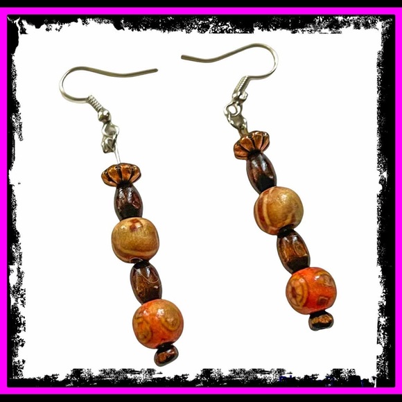 New Handmade Sterling Silver Petrified Wood Orange Brown Wooden Dangle Earrings - Picture 10 of 10